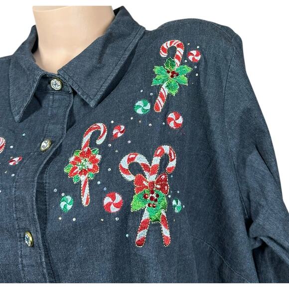 Quacker Factory Denim Roll Tab Sleeve Embroidered Candy Cane Shirt Shacket 2X - Picture 2 of 12